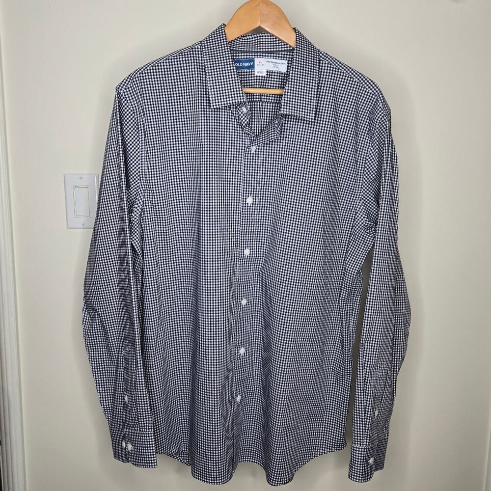 OLD NAVY Midnight Blue And White Gingham Plaid Mens Long Sleeve Dress Shirt